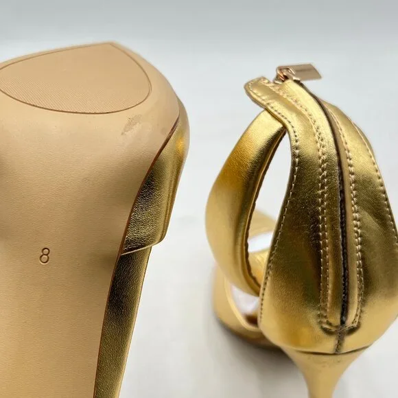 FSJ Gold Pointy Toe Stiletto Heels Evening Ankle Strap Zip Pumps - Picture 6 of 8